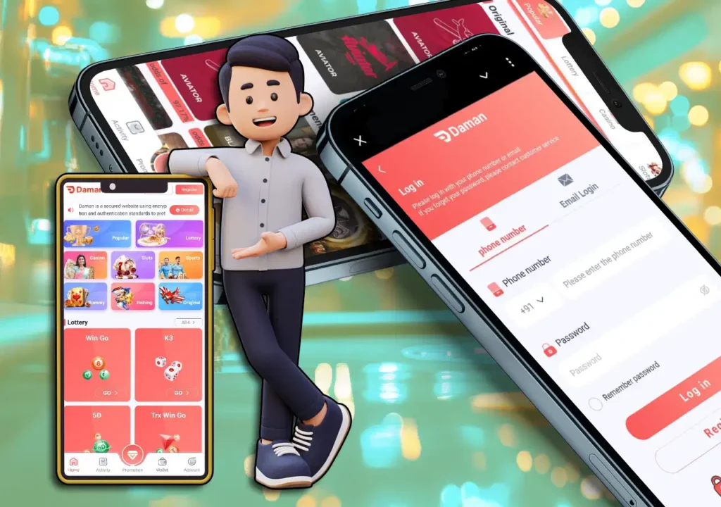 Screenshots of Daman Game website including Login page
